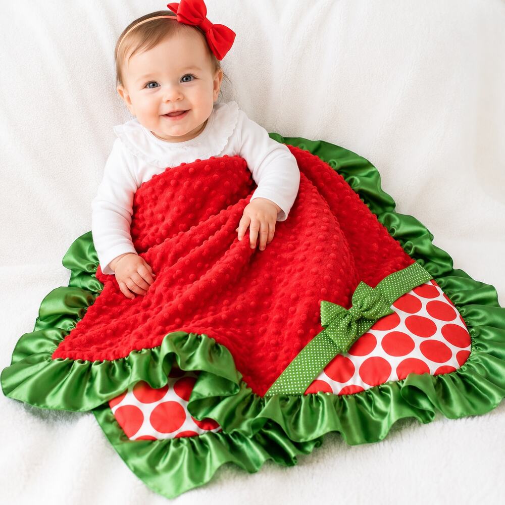 Boutique Christmas Minky Baby Blanket Satin Ruffle 34x32 NWT Photo Prop